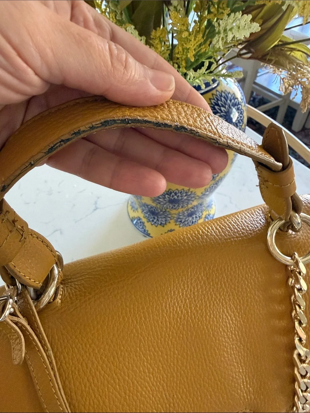 Versace Collection Mustard Yellow Leather Satchel with Gold Chain